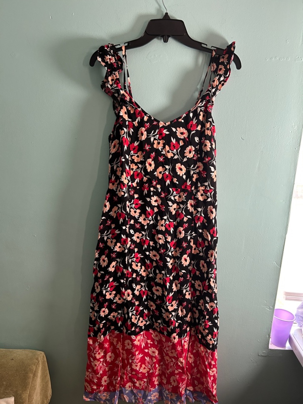 Express Black Floral Top with Red and Peach Blossoms